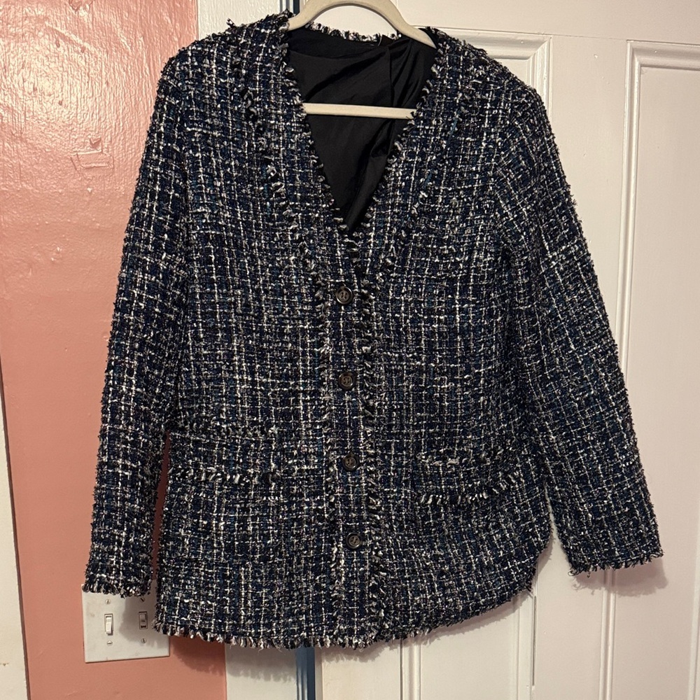 Ann Taylor Navy and White Tweed Blazer